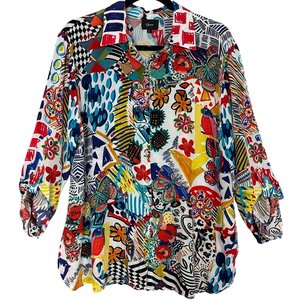 Shana Multicolor‎ Art Print Button-Down Collared Blouse Artsy Size Large L